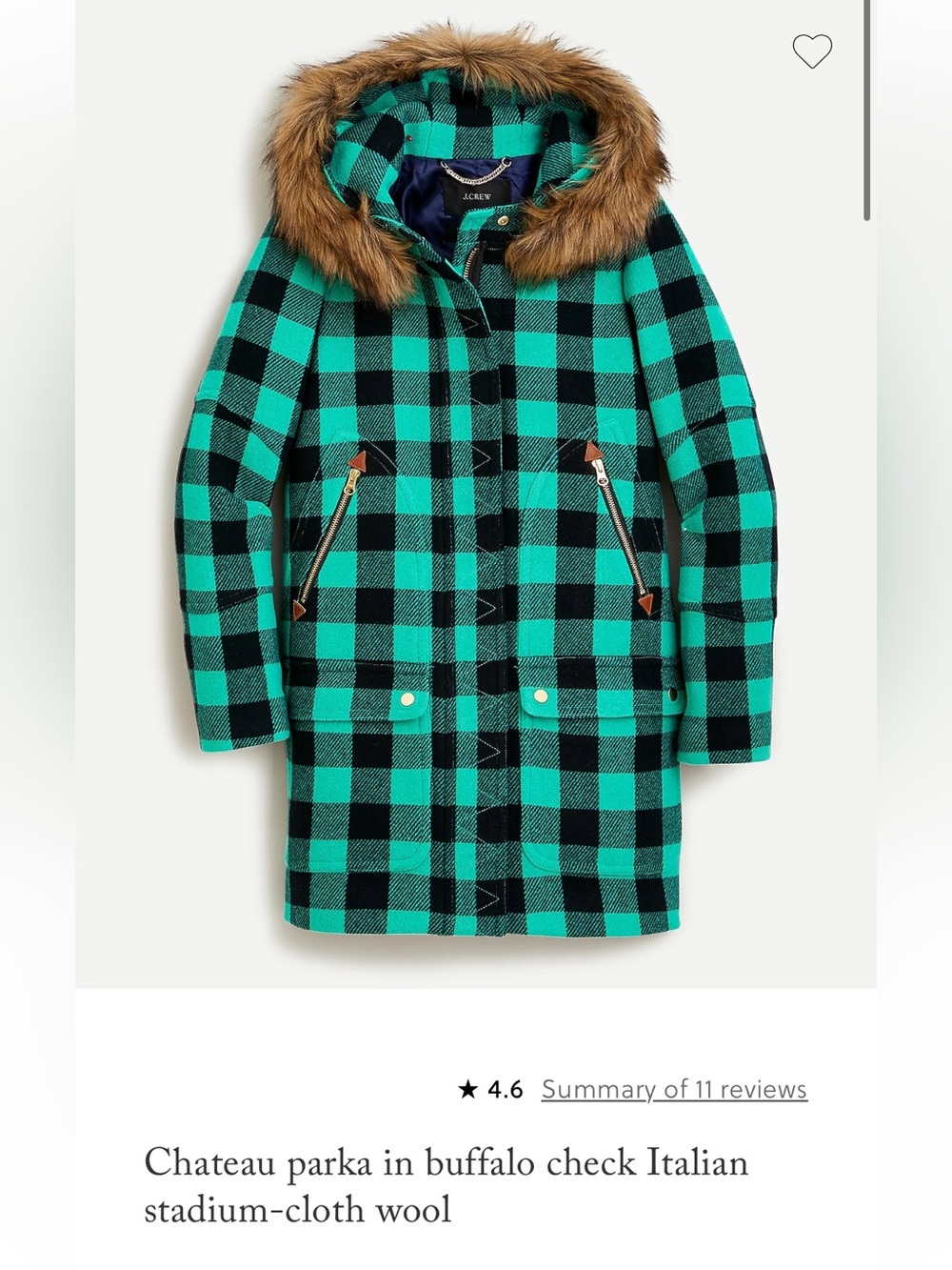 J. Crew Buffalo Check Parka in Teal & Black with Faux-Fur Trim
